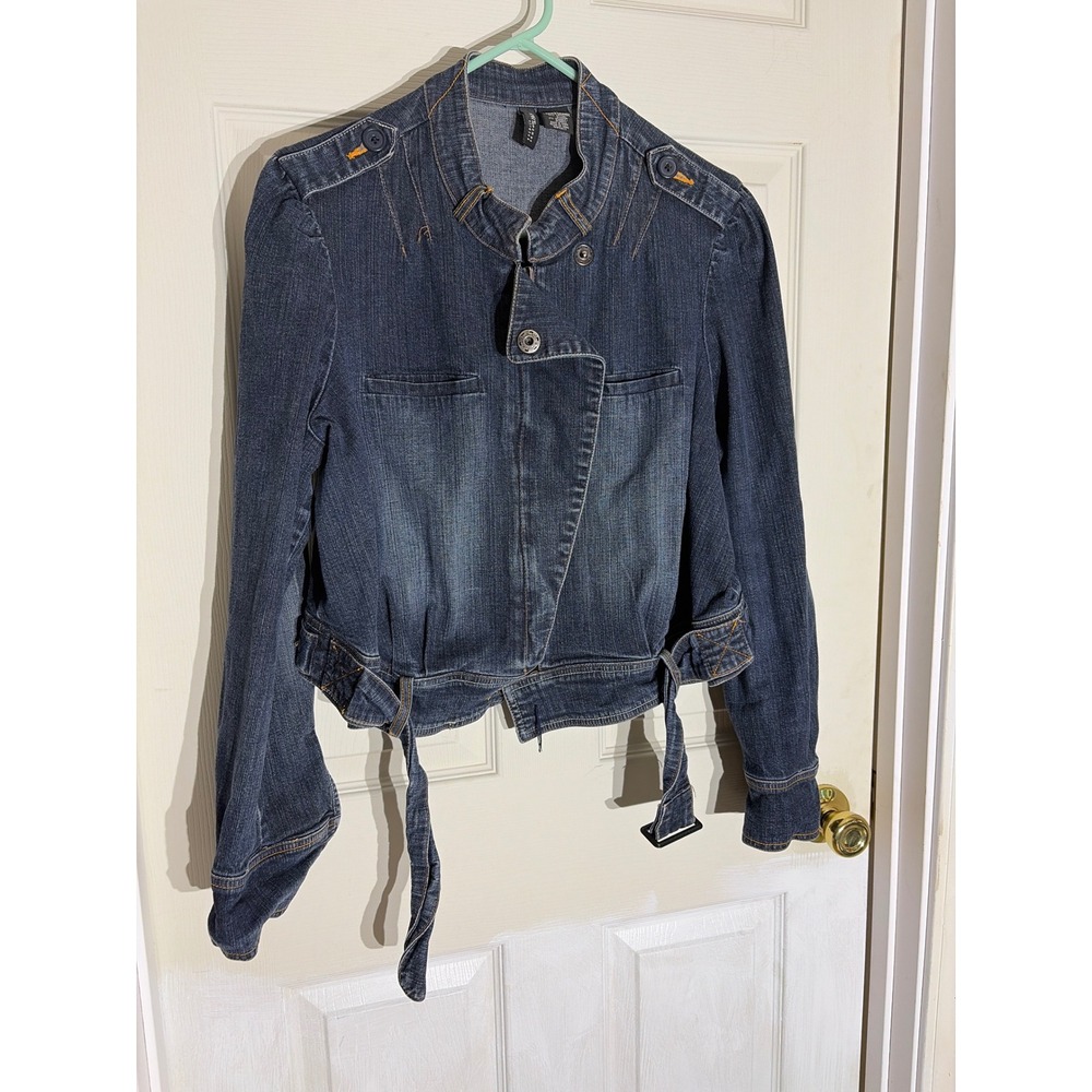Mixit Stretch Women 1X Denim Jacket Dark Wash Asymmetrical Belted Cropped Blue